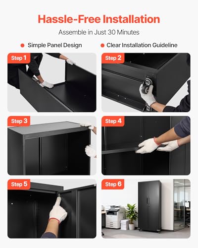 VEVOR Metal Storage Cabinet, 72.6 in Rolling Steel Garage Cabinet with 4 Adjustable Shelves, 2 Magnetic Doors & 2 Keys, 5 Tiers Lockable Tool Storage for Pantry, Warehouse, Basement, Office, Black VEVOR