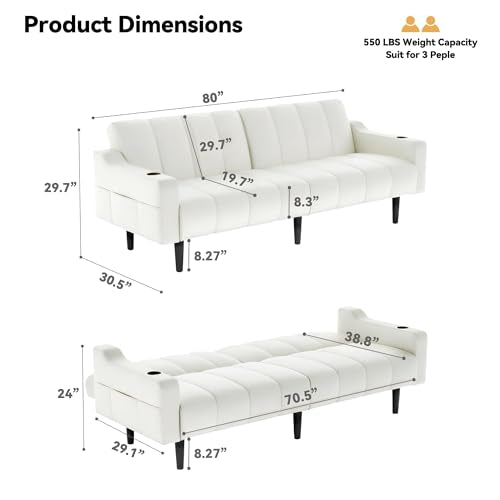 Brelice 80'' Leather Couch, Futon Sofa Bed, Faux Leather Couch with Adjustable Backrest, 2 Cup Holders & Side Pockets, Mid Century Modern Sofa for Living Room, Bedroom, Cream White Brelice