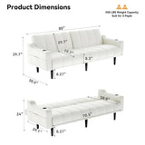 Brelice 80'' Leather Couch, Futon Sofa Bed, Faux Leather Couch with Adjustable Backrest, 2 Cup Holders & Side Pockets, Mid Century Modern Sofa for Living Room, Bedroom, Cream White Brelice