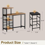 VECELO Bar Table and Chairs Set for 2, 3-Piece Dining Set with Storage Shelves, Cup Holder & Wine Rack, PU Leather Cushion Stools, for Kitchen Small Space, Brown VECELO