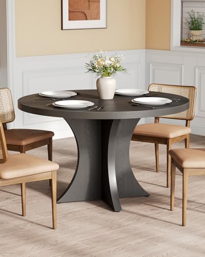 LITTLE TREE Round Dining Table for 4-6, 47.24 Inches Farmhouse Wooden Kitchen Table with Spacious Tabletop for Dining Room, Black LITTLE TREE
