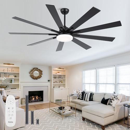 POCHFAN 72 inch Large Ceiling Fans with Lights and Remote Control, Modern Black Ceiling fan with 9 Wooden Blades for Kitchen Living Room Patio, Quiet DC Motor, 3 CCT Dimmable,6 Speed - WoodArtSupply