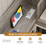 MSmask 14 Inch Corner Bed Frame with Bookcase Storage, Twin Daybed with 6 Drawers, Charging Station and LED Light, Twin Size Metal Platform Bed Frame for Kids Teenagers, White & Oak Grey MSmask