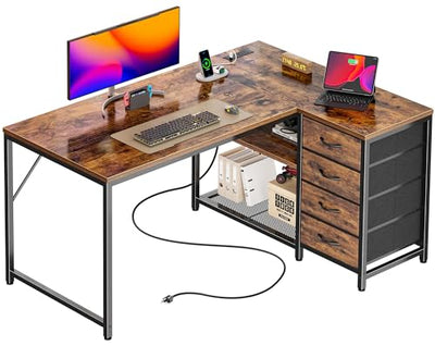 PRAISUN 43.3" Small Computer Desk with Power Outlets and USB-C Port, Reversible L Shaped Corner Office Desk with 4 Fabric Drawers and 2 Height-Adjustable Shelves, for Gaming Writing, Rustic Brown