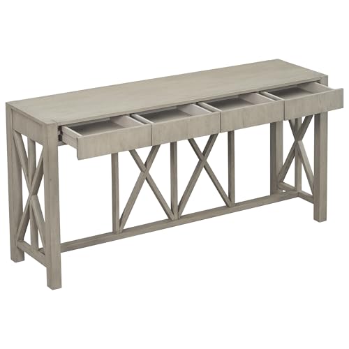 60'' Long Console Table with 4 Spacious Drawers,Modern Crisscross Design Entryway Table with Open Bottom Storage,Farmhouse Sofa Tables for Living Room,Kitchen,Dining Room,Hallway,Grey JIJIWANG