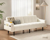 Brelice 80'' Leather Couch, Futon Sofa Bed, Faux Leather Couch with Adjustable Backrest, 2 Cup Holders & Side Pockets, Mid Century Modern Sofa for Living Room, Bedroom, Cream White Brelice