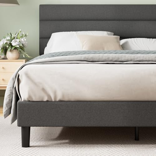 Zinus Queen Piper Upholstered Platform Bed with Horizontal Paneled Headboard, Wooden Slat Support, No Box Spring Needed, Easy Assembly, Eco Friendly Packaging, Dark Grey Zinus