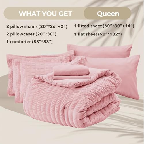 HYMOKEGE Pink Queen Comforter Set Seersucker 7 Pieces, All Season Luxury Bed in a Bag for Bedroom, Bedding Set with Comforters, Sheets, Pillowcases & Shams HYMOKEGE