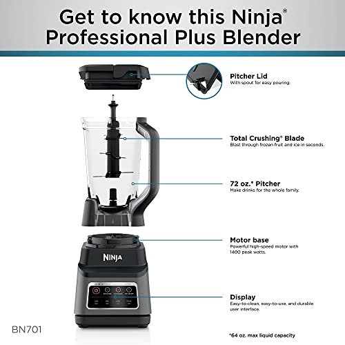 Ninja BN701 Professional Plus Blender, 1400 Peak Watts, 3 Functions for Smoothies, Frozen Drinks & Ice Cream with Auto IQ, 72-oz.* Total Crushing Pitcher & Lid, Dark Grey Ninja