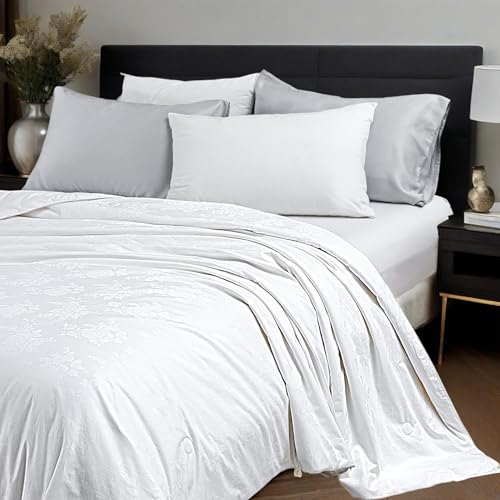 Simple&Opulence 100% Long-Strand Silk Comforter Full-78”x86”, Tussah Silk Weight 1.87 LBS Breathable Jacquard Duvet Insert with Cotton Cover Quilt for Spring/Summer/Fall Premium Bedding, Creme Simple&Opulence