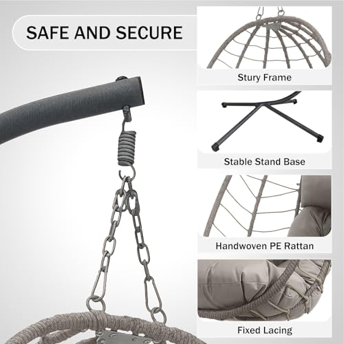 XLRUISEN Hanging Egg Chair with Stand, Outdoor Indoor Rattan Wicker Swing Chair, Foldable Patio Hammock with Cushion, Dark Grey, 350 LBS Capacity (Light Grey) XLRUISEN