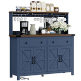 VVFLU Hutch Storage Buffet Cabinet with Drawers, and Charging Station, Coffee Bar Cabinet with Barn Doors, Wine Rack and Hooks, Blue Wood Sideboard Buffet for Kitchen, Dining Room, 54.1" High VVFLU