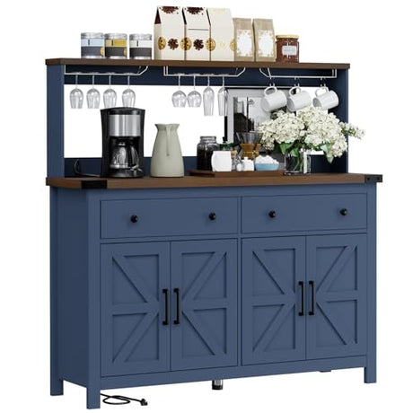 VVFLU Hutch Storage Buffet Cabinet with Drawers, and Charging Station, Coffee Bar Cabinet with Barn Doors, Wine Rack and Hooks, Blue Wood Sideboard Buffet for Kitchen, Dining Room, 54.1" High VVFLU