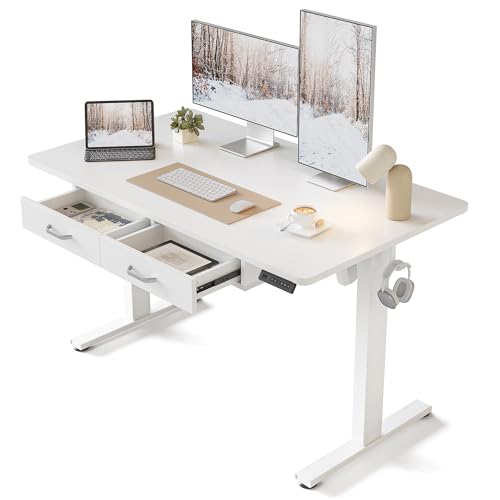 FEZIBO Adjustable Height Electric Standing Desk with Double Drawer, 48 x 24 Inches Stand Up Home Office Desk with Splice Tabletop, White Frame/White Top FEZIBO