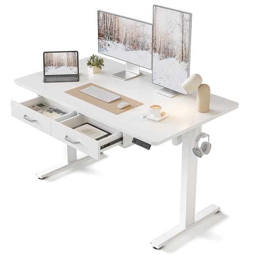 FEZIBO Adjustable Height Electric Standing Desk with Double Drawer, 48 x 24 Inches Stand Up Home Office Desk with Splice Tabletop, White Frame/White Top - WoodArtSupply