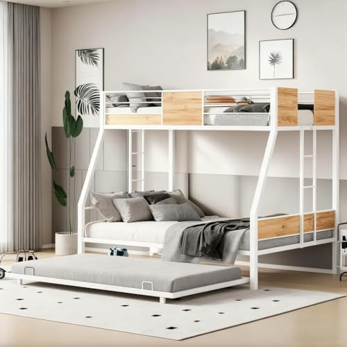 PVWIIK Twin Over Full Bunk Bed with Trundle,Heavy-Duty Sturdy Bedframe with Safety Guardrail & Ladder for Kids Boys Girls Teens,Space Saving Design & No Box Spring Needed,White PVWIIK