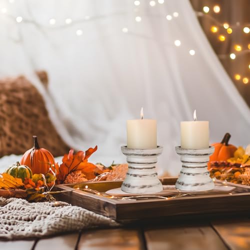 Candle Holder for Pillar Candle Set of 2, Farmhouse Wood Candle Holder, Rustic Wooden Candle Stand, Vintage Small Wooden Candlestick Holders for Living Room, Table Centerpiece, Rustic White CEDARLUX