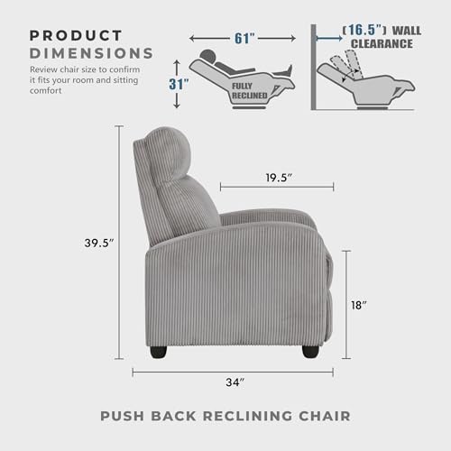 Lexicon Corduroy Pushback Recliner Chair Armchair Push Back Recliner, Solid Wood Frame and Metal Base, Easy Assembly Small Soft Single Sofa Accent Chair for Living Room/Office/Apartment, Light Grey