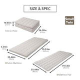 EMOOR Japanese Tri-fold Futon Mattress Machi with Mattress Pad Small-Twin Gray, Gusset Foldable Storable Washable Floor Sleeping Guest Bed Tatami Mat EMOOR