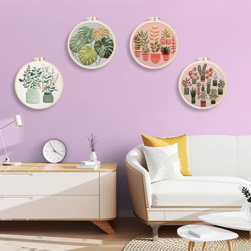 Huacan Embroidery Kit for Adults Beginner - Embroidery Kits 4 Pcs Stamped Stitch Practice Multiple Pattern Bouquet with 4 Hoops, DIY Sewing Kit with Gift Box 7.9 x 7.9 Inch