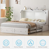 Mjkone Murphy Bed Cabinet, Queen Size Cabinets Bed Chest with USB Charging Station & Tri-Folding Mattress, Wall Beds with Storage Drawers for Guest Bedroom Apartment Office, Easily Convertible, White Mjkone