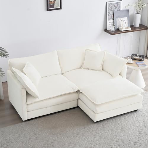 GNIXUU Deep Seat Sectional Sofa Cloud Couch with Ottoman, 76.7" Modern Chenille Comfy Love Seat Upholstered Modular L Shaped Couch for Living Room, Apartment, Office(Beige White).