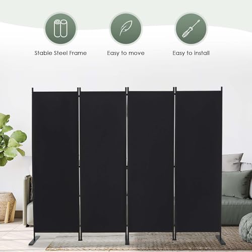 RANTILA 4 Panel Room Divider, 6 FT Folding Privacy Screen with Wide Feet, Freestanding Partition for Room Separation, Portable Room Divider Panel, 89" W x 71" H, Black RANTILA