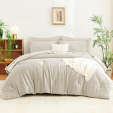 CozyLux Queen Comforter Set Beige - 7 Pieces Striped Seersucker Bed in a Bag, Soft Lightweight Boho Bedding Set with All Season Comforters Queen Size, Sheets, Pillowcases & Shams CozyLux