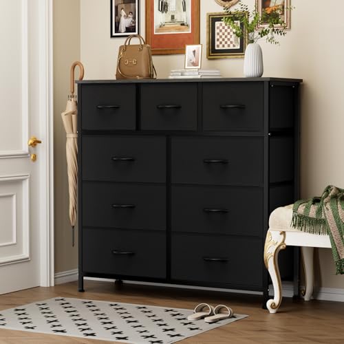 Sweetcrispy 9-Drawer Fabric Dresser Storage Tower with Wood Top and Steel Frame, Organizer Chest with Easy Pull Handles for Bedroom, Closet, Hallway,Classic Black Sweetcrispy