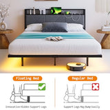 HOMERECOMMEND Full Size Bed Frame with LED Lights and Headboard Storage and Charging Station,Full Floating Bed Frame with Heavy Duty Metal Slats,Easy Assembly, Black and Gray HOMERECOMMEND