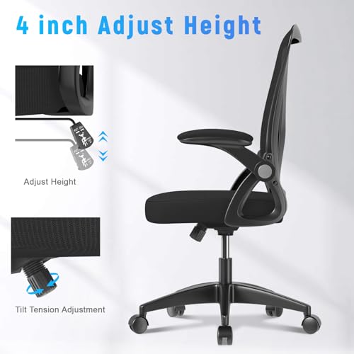 naspaluro Ergonomic Office Chair, Mid Back Desk Chairs with Adjustable Height, Swivel Chair with Flip-Up Arms and Lumbar Support, Breathable Mesh Computer Chair for Home/Study/Working, Dark Black naspaluro