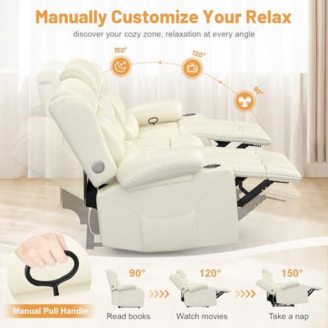 Dresegmt Loveseat Recliner Sofa, Flip Middle Backrest Design PU Leather 3 Seat Reclining Sofa with Storage Drawer, Manual Couch for Living Room (Ivory White, PU) Dresegmt