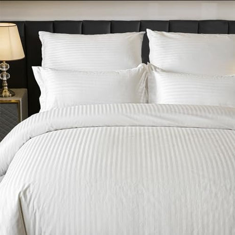 Amolavet Hotel Bedding Duvet Cover King Size Cotton White Satin Pin Striped Textured with Zipper - Duvet Cover King 3 Pcs Set 104x90 - Comforter Cover/Quilt Cover King Size Amolavet