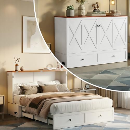 CECER Queen Size Murphy Bed with Tri-Folding Mattress，Murphy Bed Queen with 2 Large Storage Drawers and Charging Station for Small Spaces/Bedroom/Guest Room-（White） CECER
