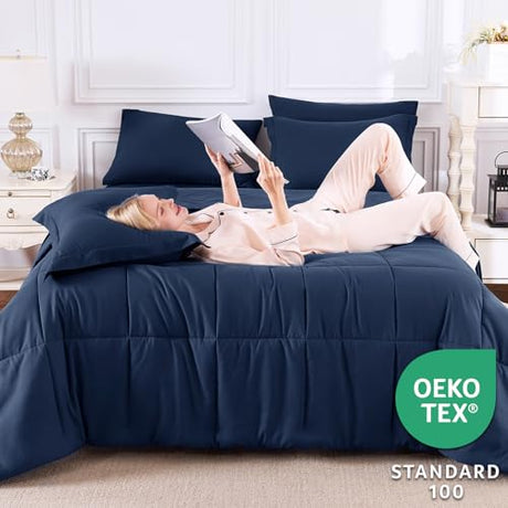 CozyLux Full Size Comforter Sets Navy Blue - 7 Pieces Bed in a Bag Full, Oeko-Tex Certified Bed Set, All Season Soft Bedding Set with Down Alternative Comforter, Sheets, Pillowcases & Pillow Shams CozyLux