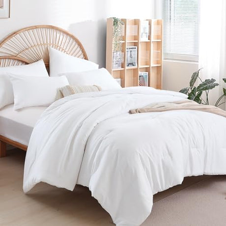 weigelia Queen Comforter Set White Comforter Boho Solid Color Bedding for All Season Soft Lightweight Microfiber 3PCS Reversible Comforter Set (1 Comforter, 2 Pillowcases) weigelia