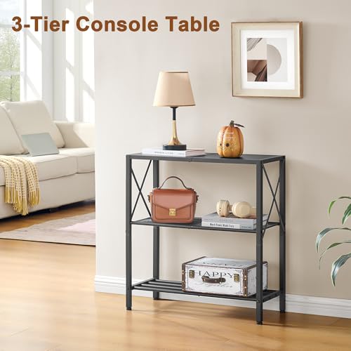 Hoctieon Industrial Console Table, 3-Tier Entryway Table, Metal Frame, Sofa Tables with Shelf, Hallway Desk, Entrance Desk for Entryway, Living Room, Foyer, Hallway, Black Hoctieon