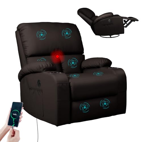 LEVELEVE Rocking Recliner Chair, Massage Rocker Recliner Chair with Vibration Massage and Heat, USB and Type-C Ports,360° Swivel Faux Leather Chairs, Living Room, Bedroom, Nursery, RV, Black