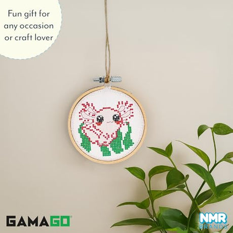 GAMAGO Axolotl Stamped Cross Stitch Kit for Beginners – Pre-Printed DIY Embroidery Craft Set with Hoop, Fabric, Floss, Needles & Instructions – Cute Animal Needlework Kit for Teens & Adults GAMAGO