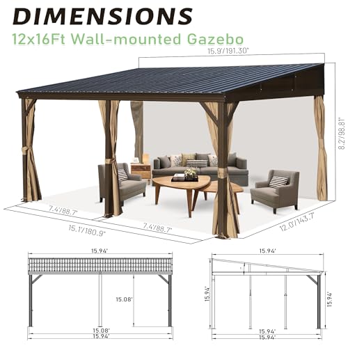 Domi 12x16FT Lean to Gazebo, Aluminum Wall Mounted Gazebo with Sloping Galvanized Steel Roof, Curtains and Netting, Outdoor Hardtop Gazebo Pergola for Patio, Deck, Garden, Backyard domi outdoor living