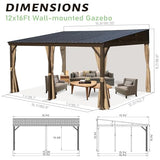 Domi 12x16FT Lean to Gazebo, Aluminum Wall Mounted Gazebo with Sloping Galvanized Steel Roof, Curtains and Netting, Outdoor Hardtop Gazebo Pergola for Patio, Deck, Garden, Backyard domi outdoor living