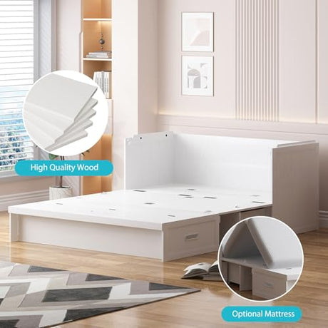 CECER Queen Size Murphy Bed with Tri-Folding Mattress，Murphy Bed with Charging Station and Two Large Storage Drawers for Small Spaces/Bedroom（White）-Mattress Include CECER