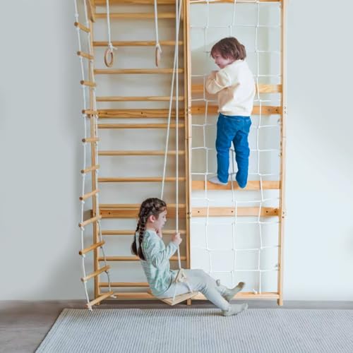 Avenlur Neem 5-in-1 Swedish Ladder Wall Gym - with Cargo Wall Climber, Swedish Ladder Swing, Rope Ladder, Adult Pull-Up Bar, and Indoor Slide - Indoor Jungle Gym for Kids and Adult