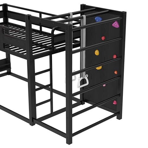 SOFTSEA Twin Size Gaming Loft Bed with Slide, Heavy Duty Metal Loft Bed with Basketball Hoop, Climbing Wall & Pull Up Rings for Kids Teens Adults, No Noise, Black SOFTSEA