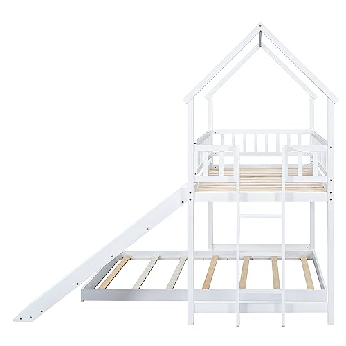SOFTSEA House Bunk Bed with Slide, Twin Over Full Wooden Bunk Bed Frame with Full-Length Guardrail and Built-in Ladder, for Bedroom, No Box Spring Needed, White SOFTSEA