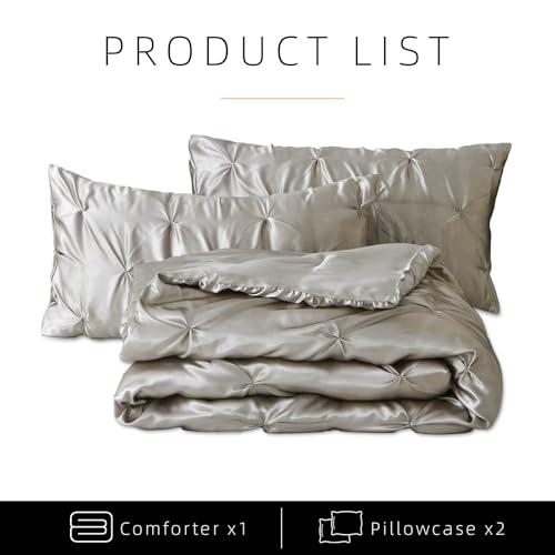 Setguopal Satin Comforter Set King Size, 3-Piece Light Grey Pinch Pleat Bedding Sets, Comforter, Pillowcases, Offering Exceptionally Soft and Smooth Comfort for All Season Use Setguopal