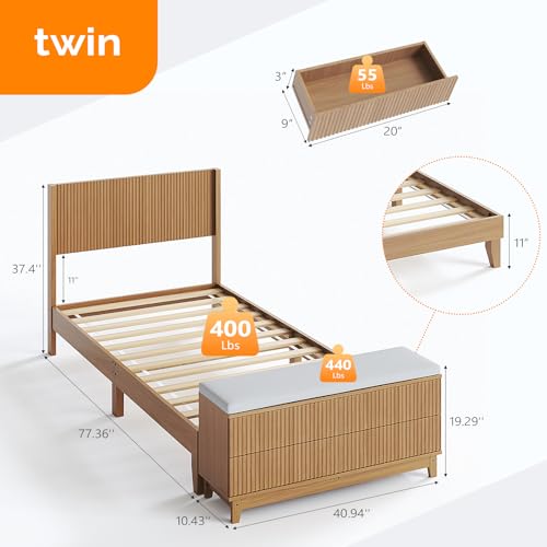 VINGLI Fluted Twin Bed Frame with Wingback Headboard and Footboard Storage Bench,Boho Wooden Single Platform Panel Bed with 4 Drawers,Mid-Century Modern Sleign Bed,Oak VINGLI