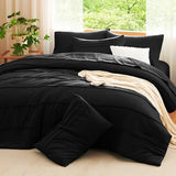CozyLux Queen Comforter Set Black, 7 Pieces Soft Pinch Pleat Bed in a Bag Queen Comforter Set with Sheets, Boho Bed Set with Down Alternative Comforter, Sheets, Pillowcases & Shams CozyLux