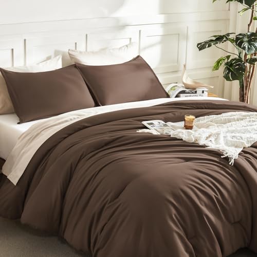 Litanika Brown Comforter Set Queen Size, 3 Pieces Lightweight Solid Bedding Comforter Set, All Season Fluffy Bed Set (90x90In Comforter & 2 Pillowcases) Litanika