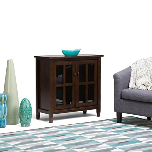 SIMPLIHOME Warm Shaker SOLID WOOD 32 inch Wide Rustic Low Storage Cabinet in Tobacco Brown, with 2 Adjustable Shelves, Tempered Glass Door SIMPLIHOME